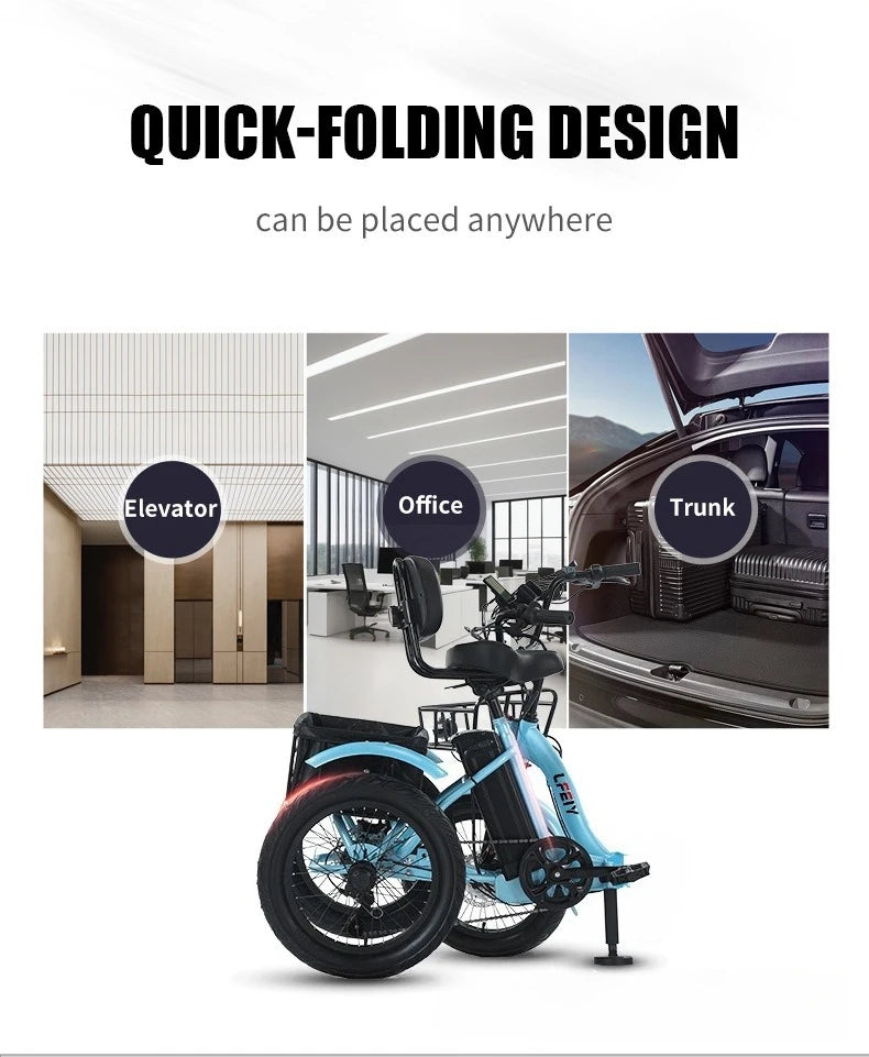 18" Foldable Electric Tricycle 48V13Ah 350W Motor Shimano 7-Speed 25km/h 44km Range 3-Mode Adult Fat Tire Lithium E-Trike