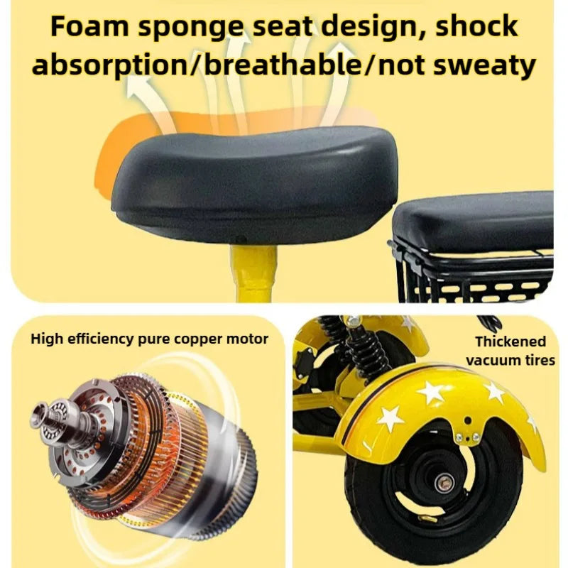 Removable Battery Elderly Leisure Bicycle Small Folding Adult Electric Tricycle with Basket 3 Seats Commuting Electric Scooter