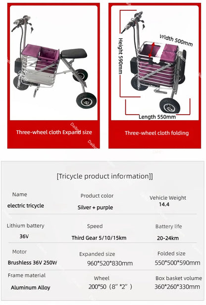 Travel Folding Lightweight Mobility Scooter For 2 Peoples 36V Mini Foldable Electric Tricycle Scooter For Senior With Basket