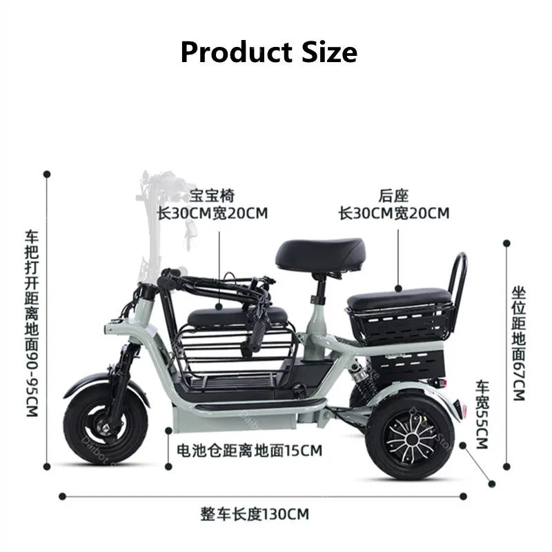 3 Seater Parent Child Electric Scooter 3 Wheel Foldable Baby Seat For Long Distance 800w 48v Mini Electric Tricycle For Women