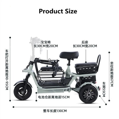 3 Seater Parent Child Electric Scooter 3 Wheel Foldable Baby Seat For Long Distance 800w 48v Mini Electric Tricycle For Women