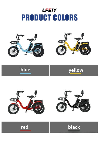 18" Foldable Electric Tricycle 48V13Ah 350W Motor Shimano 7-Speed 25km/h 44km Range 3-Mode Adult Fat Tire Lithium E-Trike