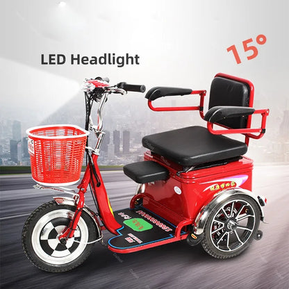 Lightweight Parents Child Electric Scooter 2 Seats 48V 350W Mini 3 Wheel Electric Tricycle For Adult Elderly With Cargo Basket