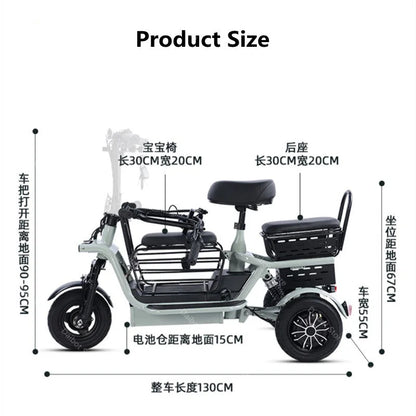 3 Seater Parent Child Electric Scooter 3 Wheel Foldable Baby Seat For Long Distance 800w 48v Mini Electric Tricycle For Women