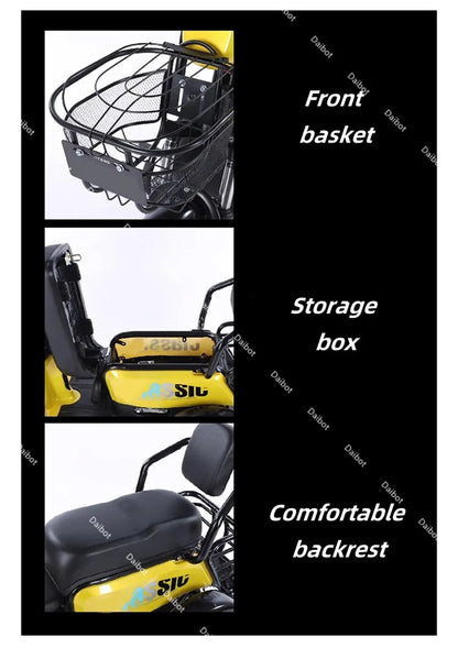 New 2024 Long Range Parents Child Electric Scooter 2 Seats 60V 1000W Powerful Adult Electric Tricycle 3 People For The Elderly