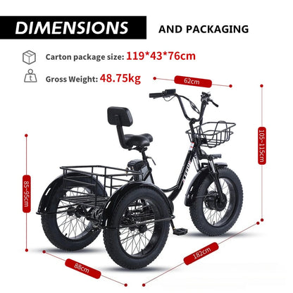 500W Electric Tricycle 20*4.0 Snow Fat Tire 48V13Ah Removable Lithium Battery Three Wheel E Trike with Front &Rear Cargo Baskets