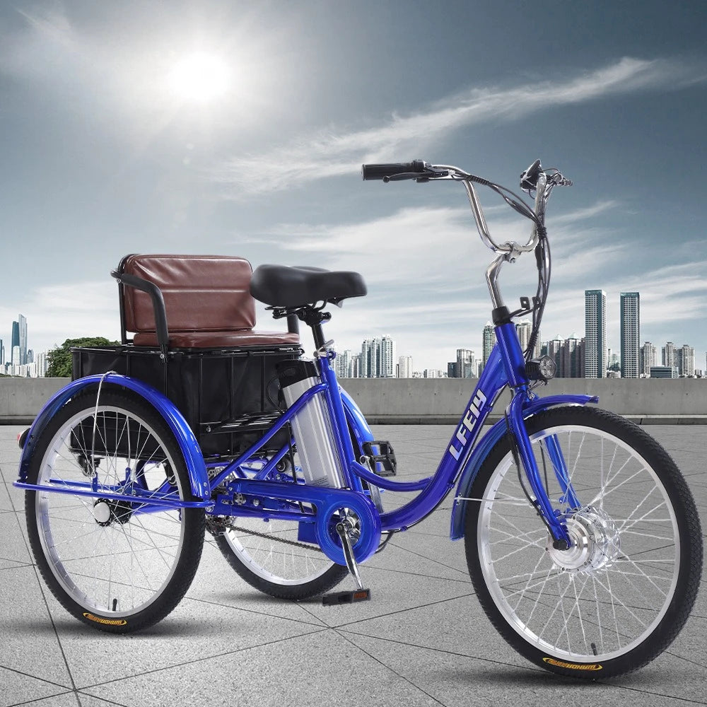 20" Adult Electric Tricycle 2-Seater 3 Wheel Ebike Removable Li-ion Battery Pedal Assist Trike Rear Seat Cargo Box Senior Travel