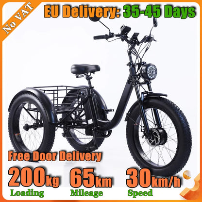 750W Electric Tricycle 24" 7-Speed Fat Tire E Trike 48V18AH Lithium Battery Heavy Duty Cargo Three Wheel Bike For Adults 200KG