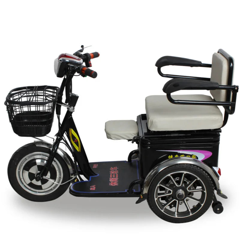 Lightweight Parents Child Electric Scooter 2 Seats 48V 350W Mini 3 Wheel Electric Tricycle For Adult Elderly With Cargo Basket