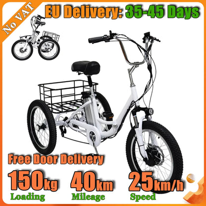 20 Inch Foldable Electric Tricycle 350W Brushless Motor 48V10.4Ah Lithium Battery 40km Max Load 150KG Adult 7Speed Cargo E-Trike