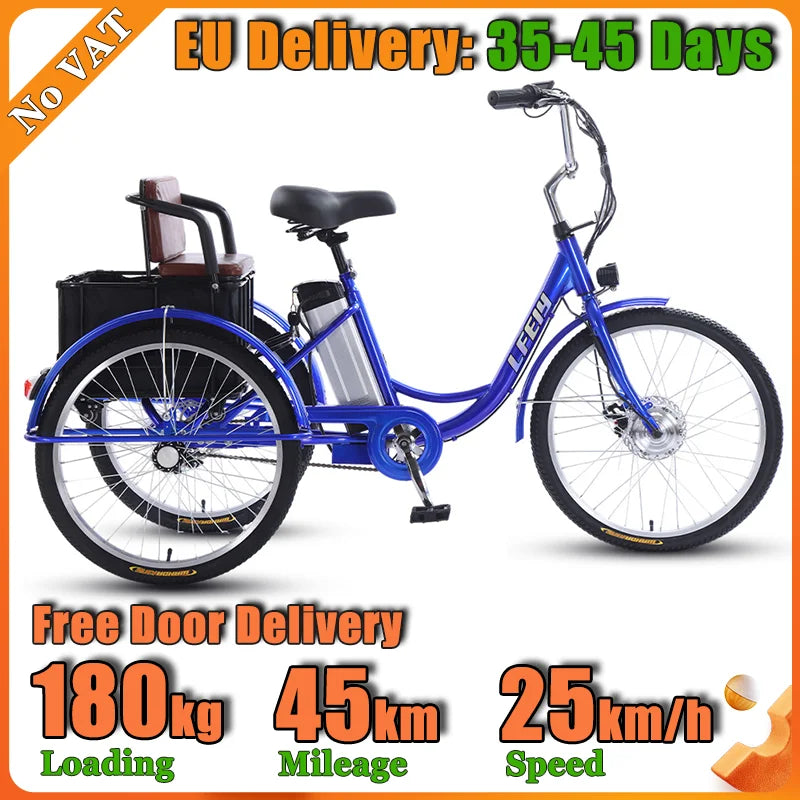 20" Adult Electric Tricycle 2-Seater 3 Wheel Ebike Removable Li-ion Battery Pedal Assist Trike Rear Seat Cargo Box Senior Travel