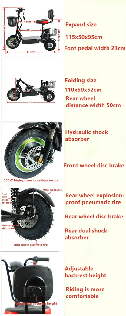Adult Electric Tricycle 12inch Portable Scooter for Men and Women for Adults Folding Mini Small 3-wheeled Electric Car Elderly