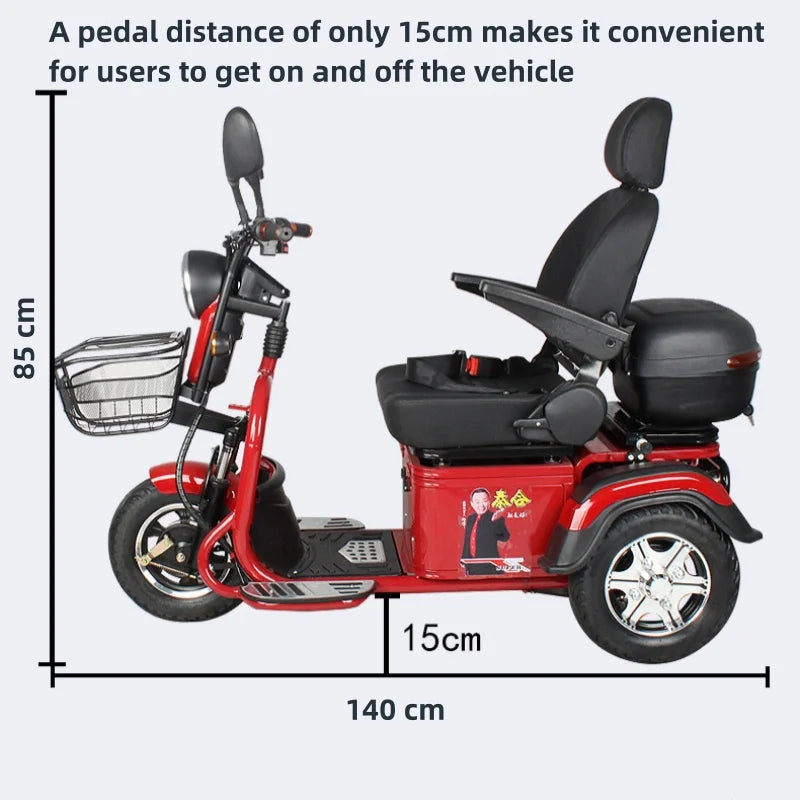 3 Wheel Mobility Scooter Disabled Seniros 600W 60V Small Family Electric Tricycle Lithium Battery/Seat 10cm Left Shift Design