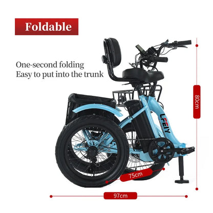 18" Foldable Electric Tricycle 48V13Ah 350W Motor Shimano 7-Speed 25km/h 44km Range 3-Mode Adult Fat Tire Lithium E-Trike