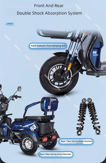 3 Wheel All Terrain Parent Child Electric Scooter 3 Seater For Elderly Adults 600W 48V Old Man Scooter Electric Tricycle Disable