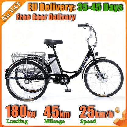 Adult Elderly Electric Mobility Tricycle 3-Wheel Electric Bike with Rear Cargo Basket for Senior Daily Shopping & Commuting