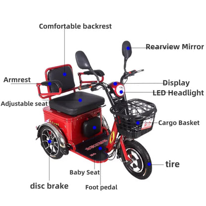 Lightweight Parents Child Electric Scooter 2 Seats 48V 350W Mini 3 Wheel Electric Tricycle For Adult Elderly With Cargo Basket