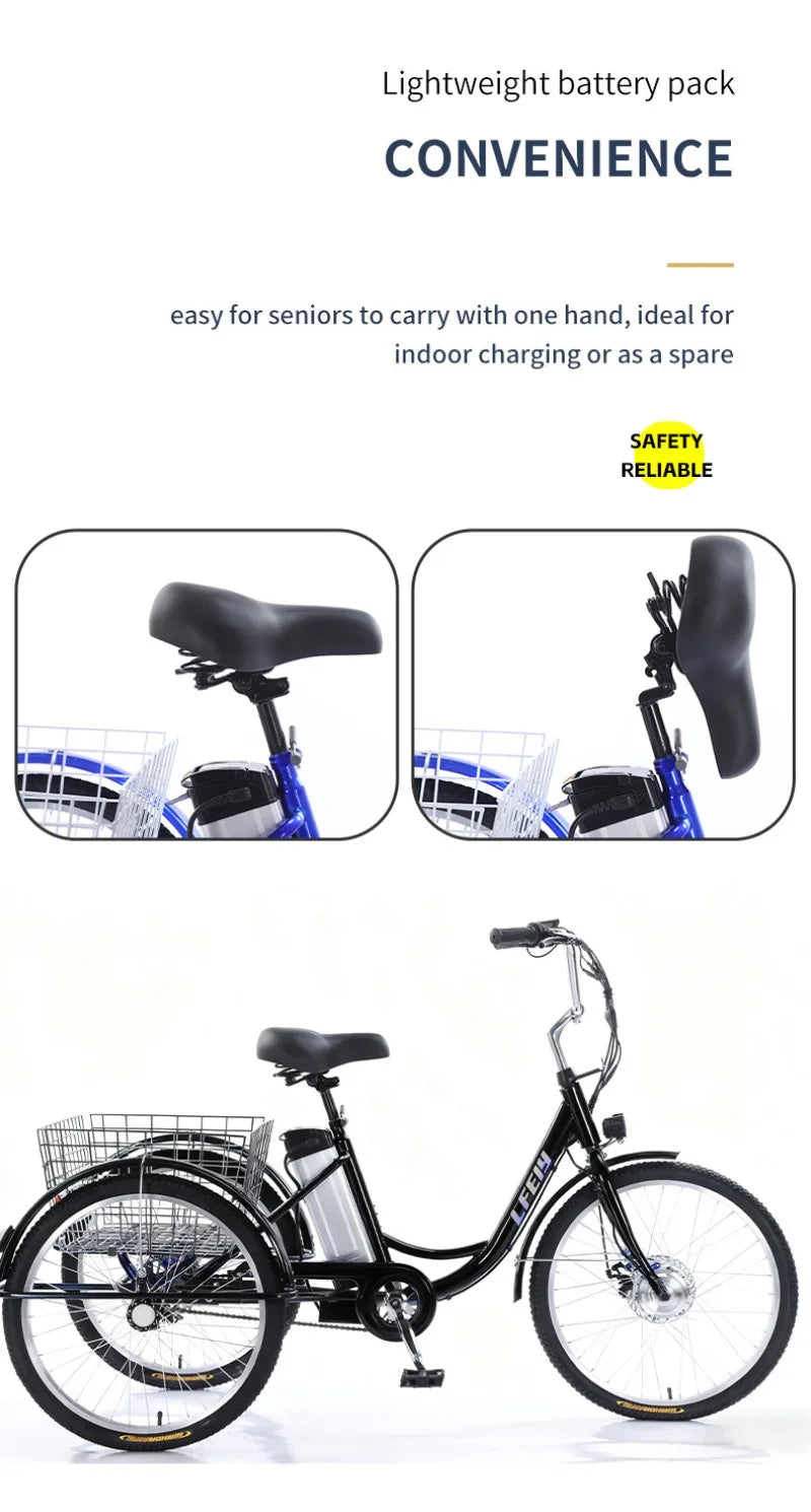 Adult Elderly Electric Mobility Tricycle 3-Wheel Electric Bike with Rear Cargo Basket for Senior Daily Shopping & Commuting