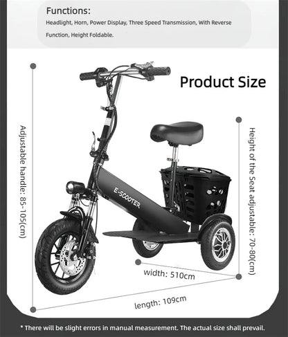 Lightweight Mobility Scooter Foldable With Basket For Adults Electric Scooter Senior Triple Shock Absorption 500W Trike 2 Seats