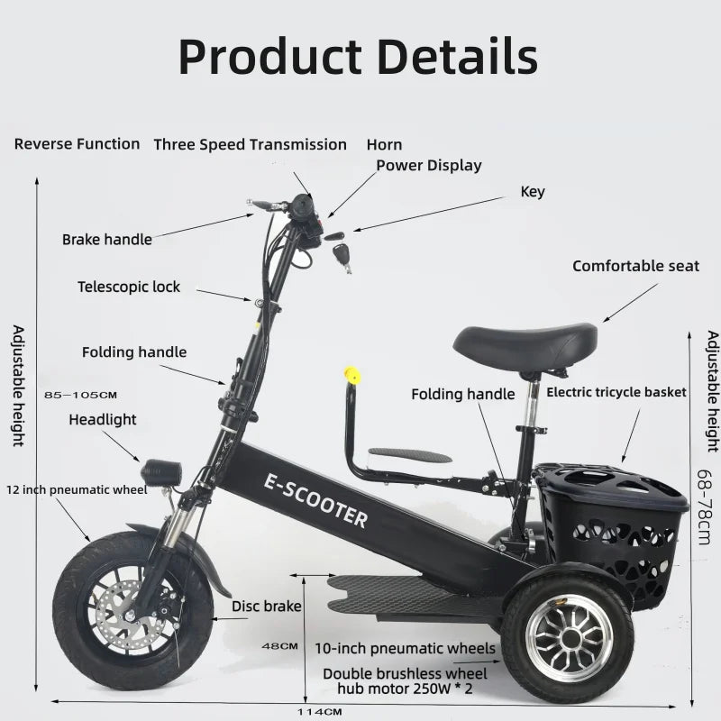 Lightweight Mobility Scooter Foldable With Basket For Adults Electric Scooter Senior Triple Shock Absorption 500W Trike 2 Seats