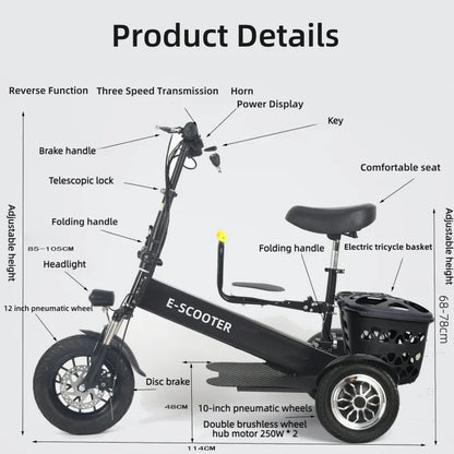 Lightweight Mobility Scooter Foldable With Basket For Adults Electric Scooter Senior Triple Shock Absorption 500W Trike 2 Seats