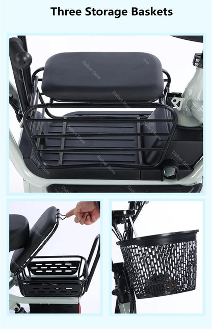 3 Seater Parent Child Electric Scooter 3 Wheel Foldable Baby Seat For Long Distance 800w 48v Mini Electric Tricycle For Women