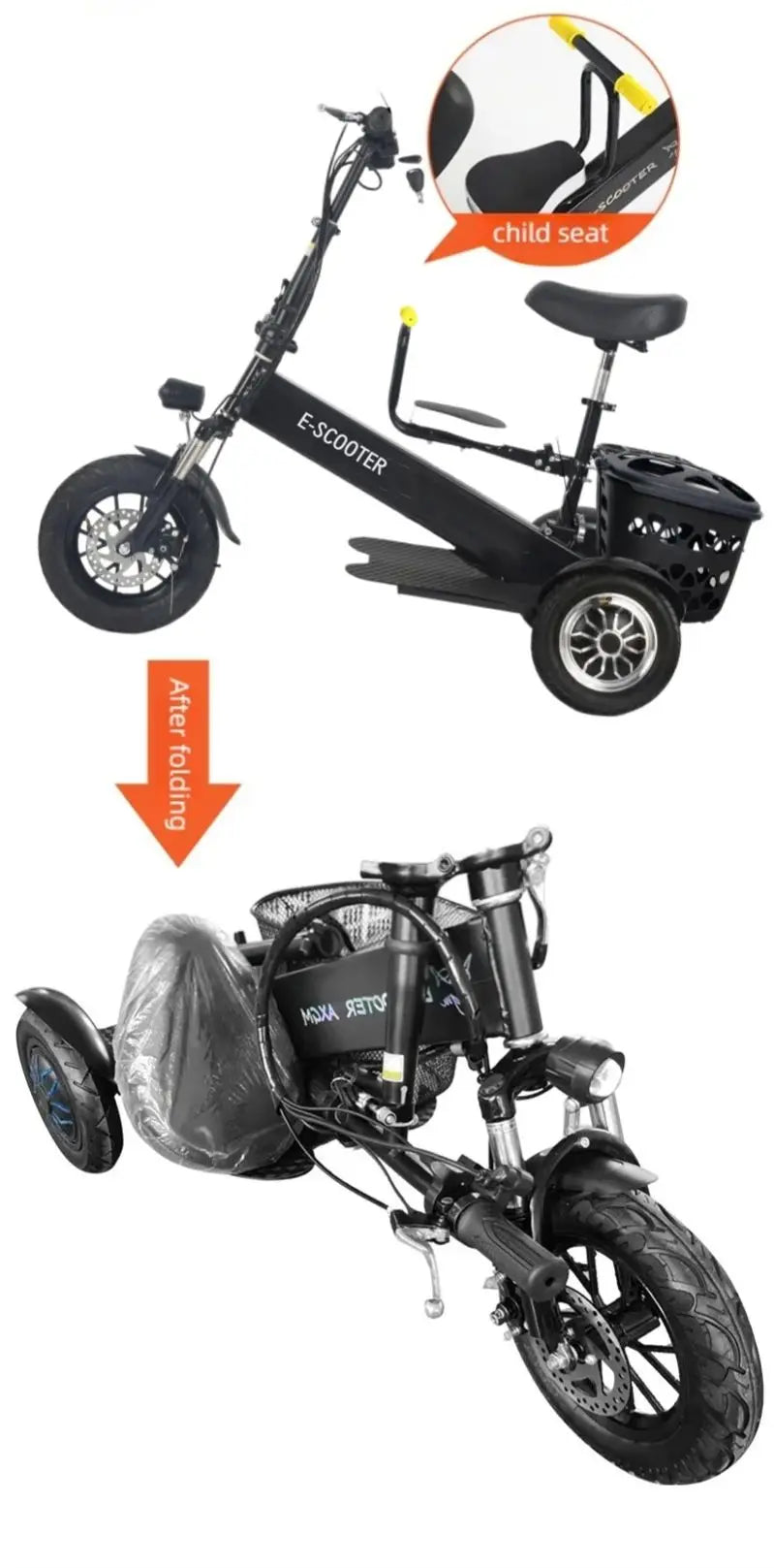 Lightweight Mobility Scooter Foldable With Basket For Adults Electric Scooter Senior Triple Shock Absorption 500W Trike 2 Seats