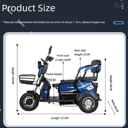 3 Wheel All Terrain Parent Child Electric Scooter 3 Seater For Elderly Adults 600W 48V Old Man Scooter Electric Tricycle Disable