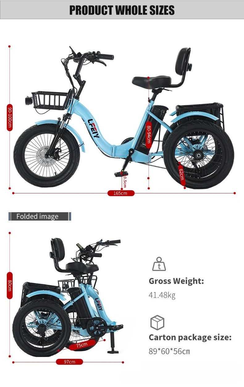 18" Foldable Electric Tricycle 48V13Ah 350W Motor Shimano 7-Speed 25km/h 44km Range 3-Mode Adult Fat Tire Lithium E-Trike