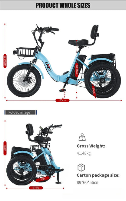 18" Foldable Electric Tricycle 48V13Ah 350W Motor Shimano 7-Speed 25km/h 44km Range 3-Mode Adult Fat Tire Lithium E-Trike